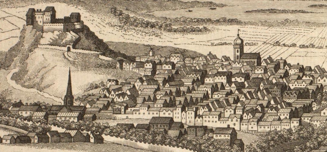 castle and town, engraving