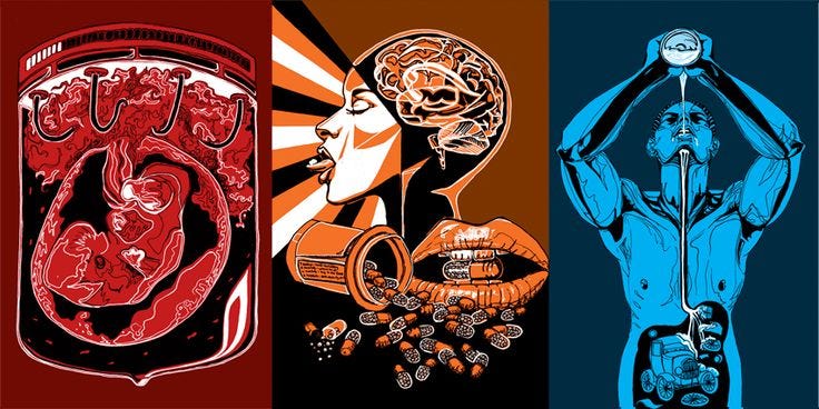 This may contain: three different colored images of people with their heads in the air, and one is holding a