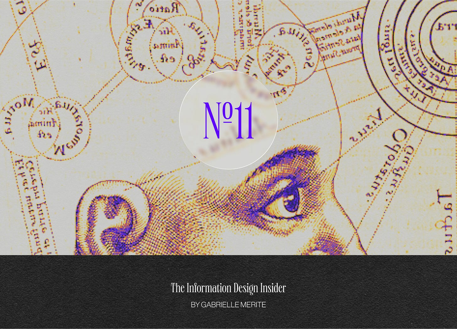 Newsletter N11 of the Information Design Insider by Gabrielle Merite. Background image is a historical Diagram of the Human Mind by Robert Fludd.