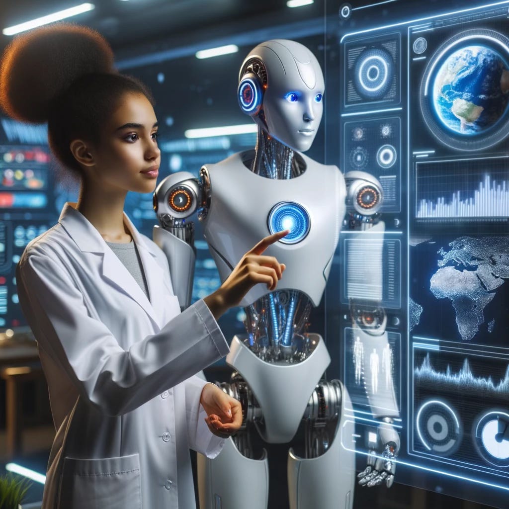 Image generated with DALL-E 3 and depicting a software developer assisted by an Android