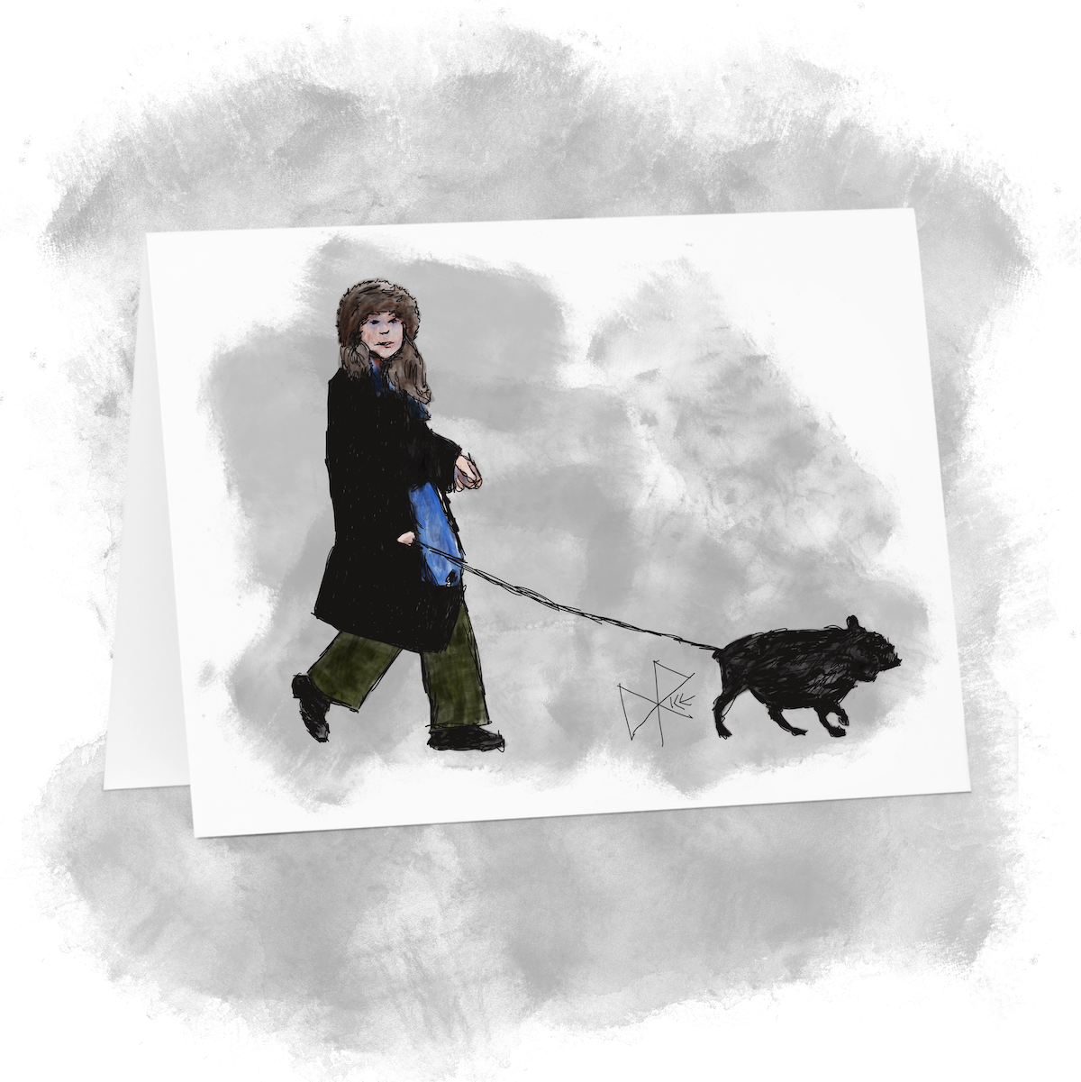 A woman in an overcoat and winter hat is happily out walking with her French Bulldog, who frequently pulls at the leash to get to ‘the good stuff’ that must be ahead. Sketch art by Don Rice.