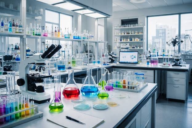 A laboratory with different colored liquids

AI-generated content may be incorrect.