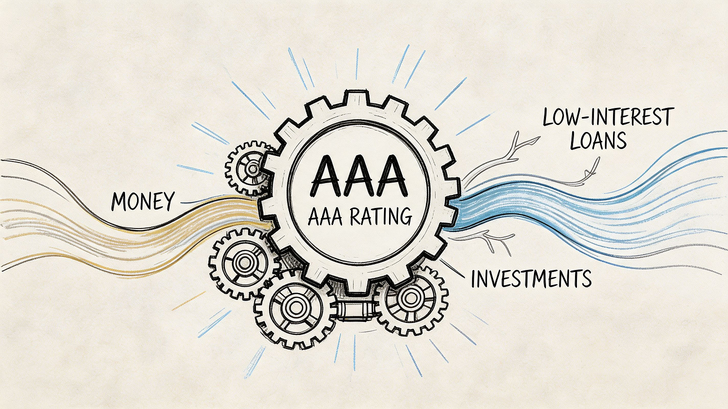 A conceptual diagram showing money flowing into a gear representing a AAA rating, resulting in loans and investments.