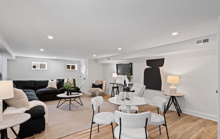 Primary bedroom and basement rec room