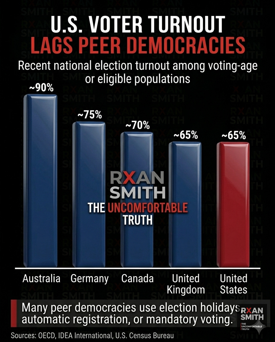 Bar chart comparing voter turnout rates between the United States and peer democracies including Australia, Germany, Canada, and the United Kingdom, with the U.S. shown near the bottom of the comparison.