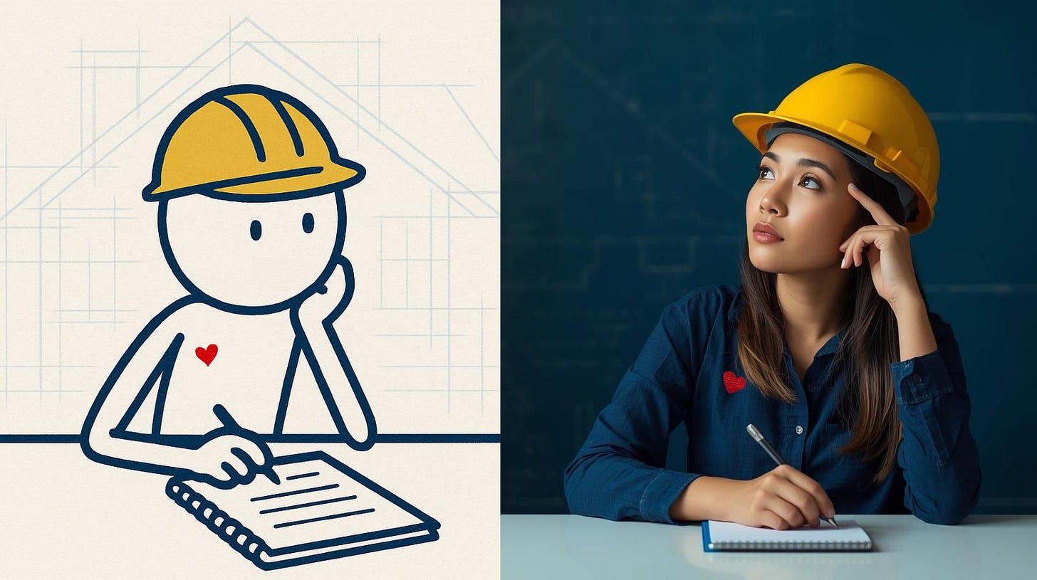 Split screen image showing Construction Pulis stick figure mascot with yellow hard hat and red heart on left side, and Filipino woman in yellow hard hat thoughtfully writing in notebook on right side, both representing the homeowner doing self-reflection work Split screen image showing Construction Pulis stick figure mascot with yellow hard hat and red heart on left side, and Filipino woman in yellow hard hat thoughtfully writing in notebook on right side, both representing the homeowner doing self-reflection work