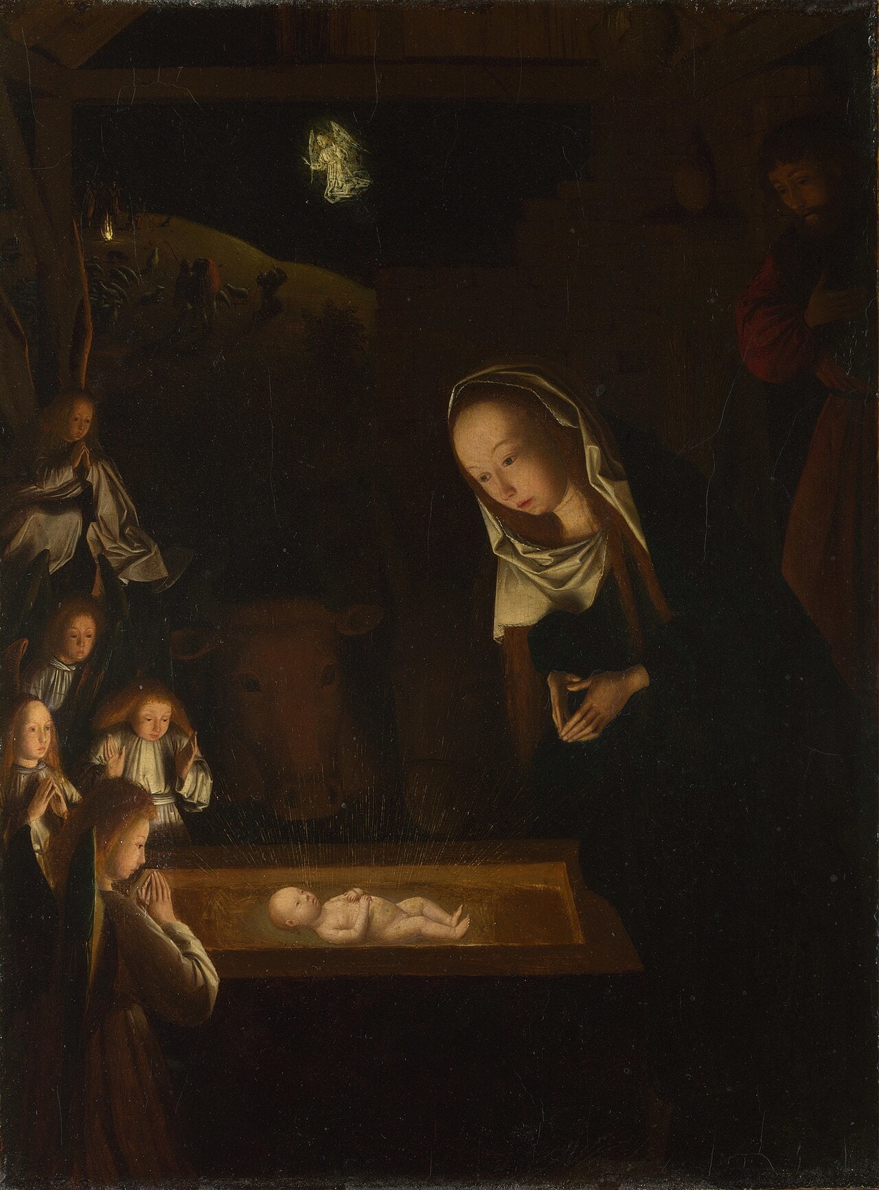 A dark stable lit by the glowing newborn Christ A dark stable lit by the glowing newborn Christ