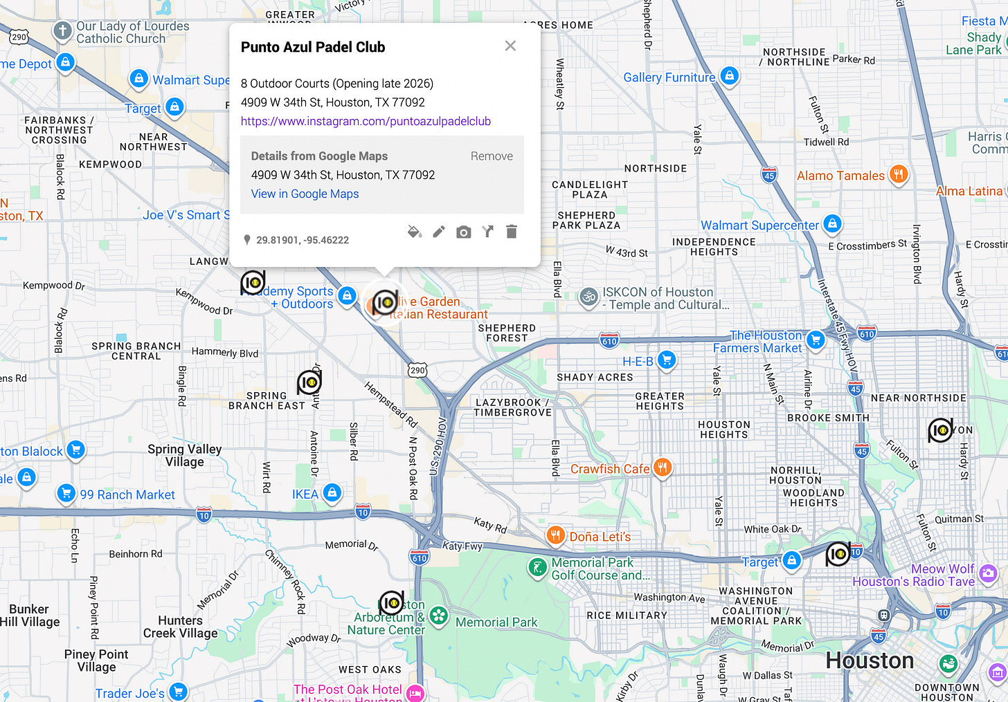 Map showing padel clubs in Houston, Texas