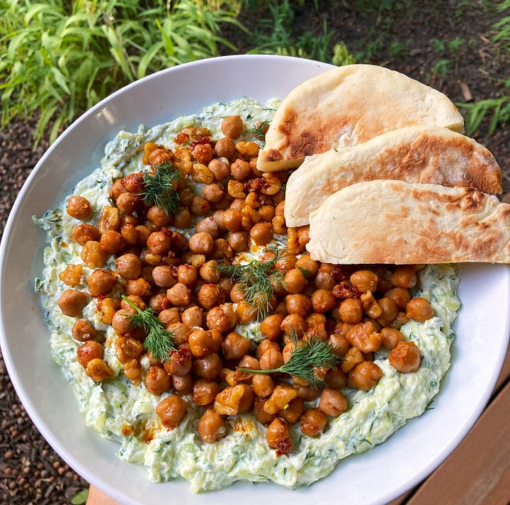 Photos of Yayla çorbası (yogurt-based soup), beet meze, garlic meze, zucchini yogurt with chickpeas