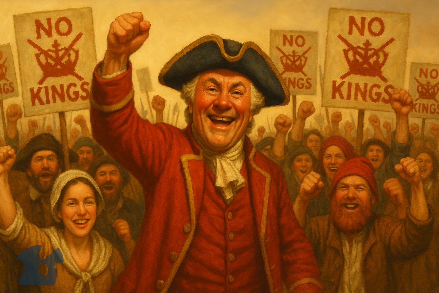 Illustration of a town crier leading a No Kings protest