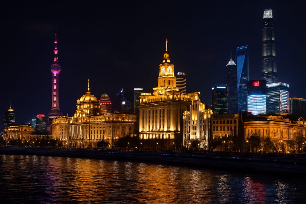 The Bund in Shanghai at night, lights reflected on the Huangpu River.