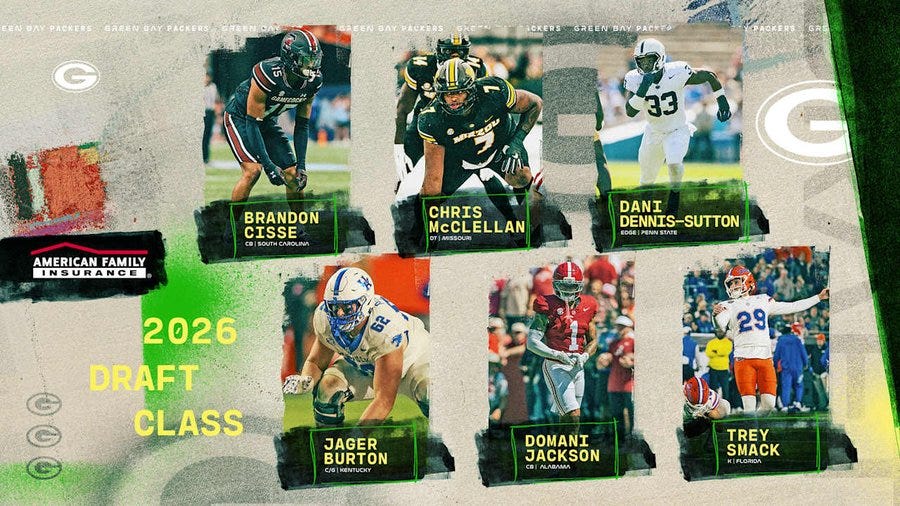 Green Bay Packers 2026 draft picks including Brandon Cisse, Chris McClellan, and Dani Dennis-Sutton.