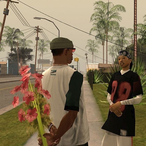 This may contain: two men standing next to each other on a street with flowers in front of them