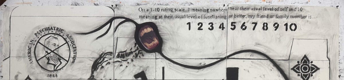 A photo of an artwork made with charcoal and collage. There is text and imagery from institutional psychiatry with an open mouth and teeth connected through a heavy line running through the other elements.