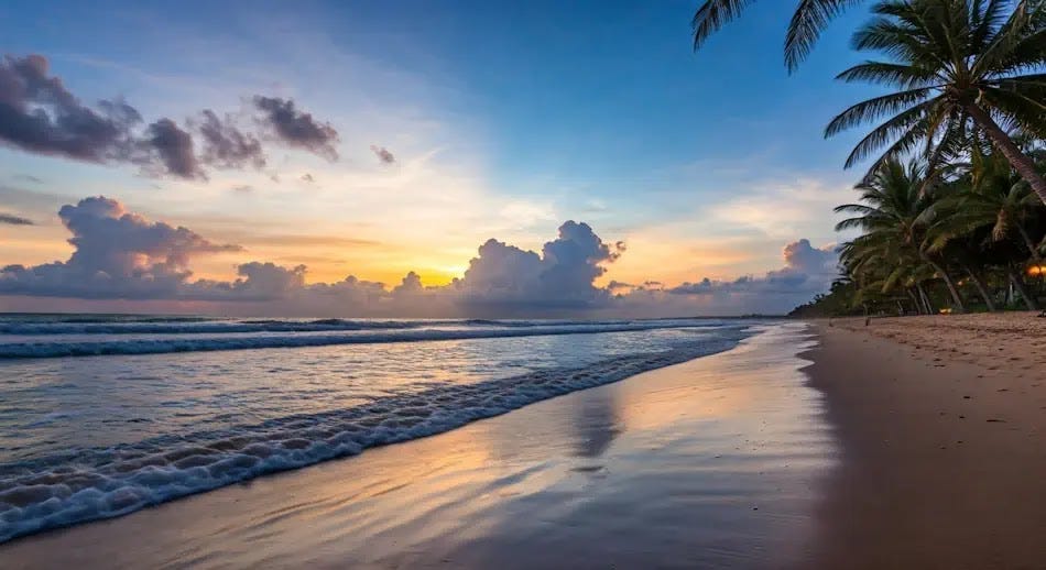 A tranquil and calming beach during sunset features gentle waves softly touching the shore, fluffy clouds drifting in the sky, and palm trees gracefully moving with the light breeze. Perfect meditation and minfulness practice.