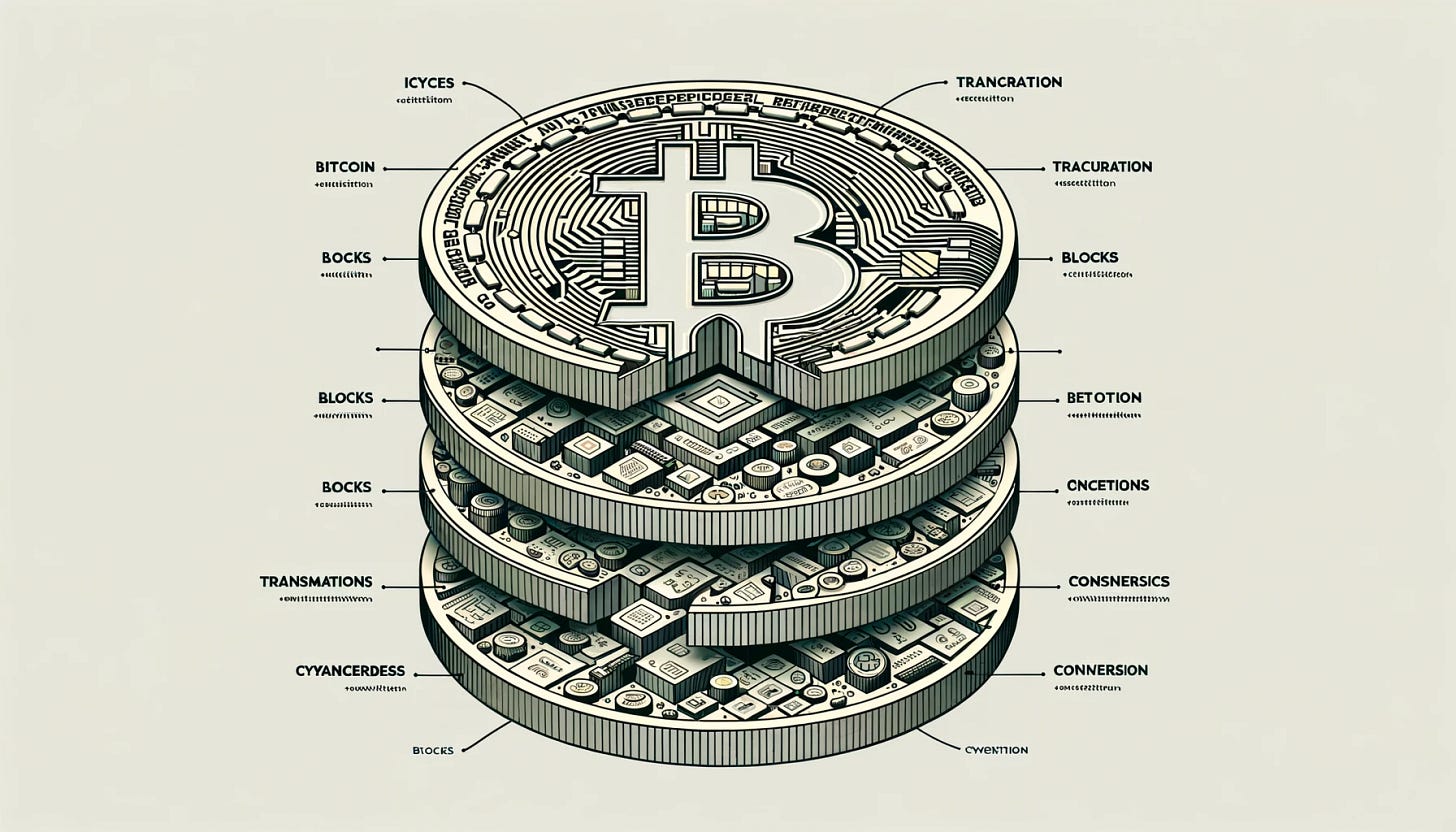 Exploded diagram that breaks down a Bitcoin into its foundational elements. The outer layer represents the digital coin itself, followed by intricate patterns symbolizing encryption. Further inwards, representations of blocks, transactions, and consensus mechanisms are highlighted. Each segment is meticulously labeled for clarity. Exploded diagram that breaks down a Bitcoin into its foundational elements. The outer layer represents the digital coin itself, followed by intricate patterns symbolizing encryption. Further inwards, representations of blocks, transactions, and consensus mechanisms are highlighted. Each segment is meticulously labeled for clarity.