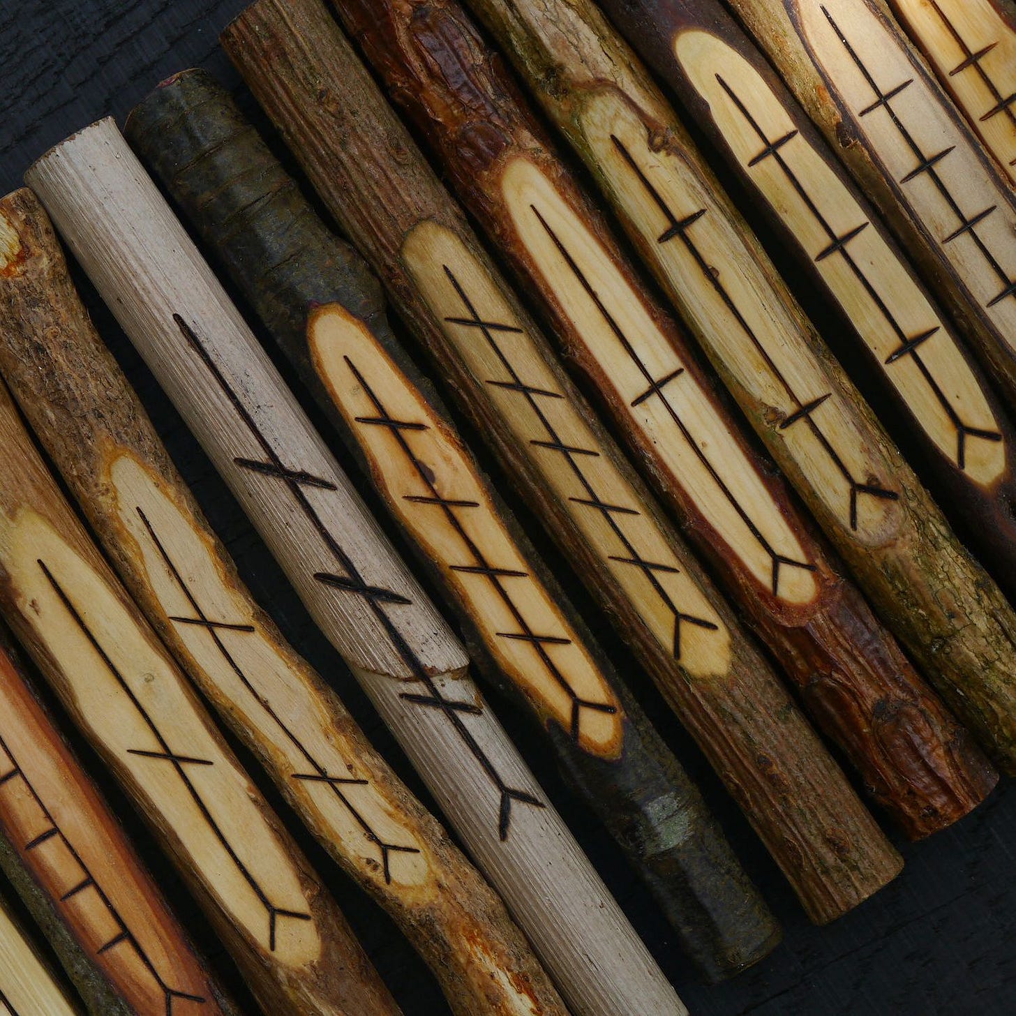 A series of ogham staves are lined up beside each other. A number of sticks with symbols etched onto them A series of ogham staves are lined up beside each other. A number of sticks with symbols etched onto them
