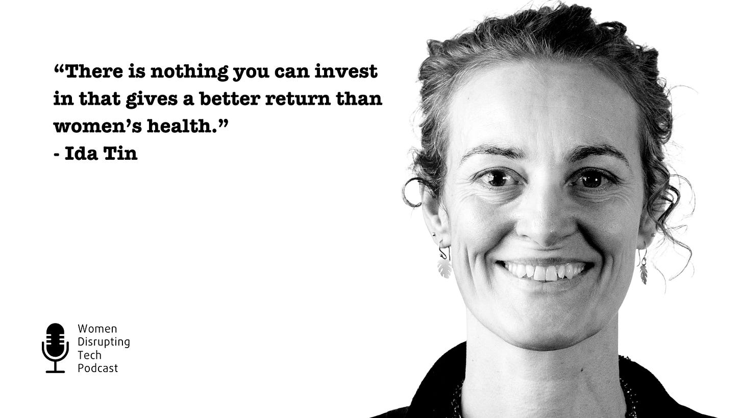 Picture of Femtech pioneer Ida Tin with a quote from episode 140 of the podcast Women Disrupting Tech. the quote says “There is nothing you can invest in that gives a better return than women’s health.” The episode is titled ‘How a FemTech Pioneer Is Fixing Women's Health Infrastructure with Ida Tin | Ep. 140.’