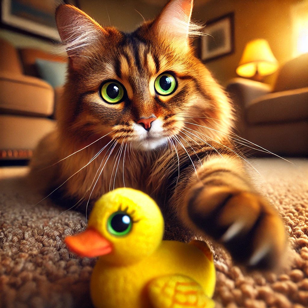 A detailed image of a regal brown tabby cat with rich brown and amber fur, showing an expression of intense interest as she reaches out her paw toward a bright yellow duck-shaped cat toy on a soft carpeted floor. Her emerald-green eyes are wide and focused, with her ears perked forward, capturing a moment of heightened curiosity and excitement. In the background, two soft, indistinct figures represent her adopted parents, watching her play with gentle affection. The room is cozy with warm evening lighting, creating a comfortable atmosphere with soft furnishings and ambient light. The scene conveys intimacy and warmth, highlighting a playful and attentive moment of the cat's engagement with her toy.