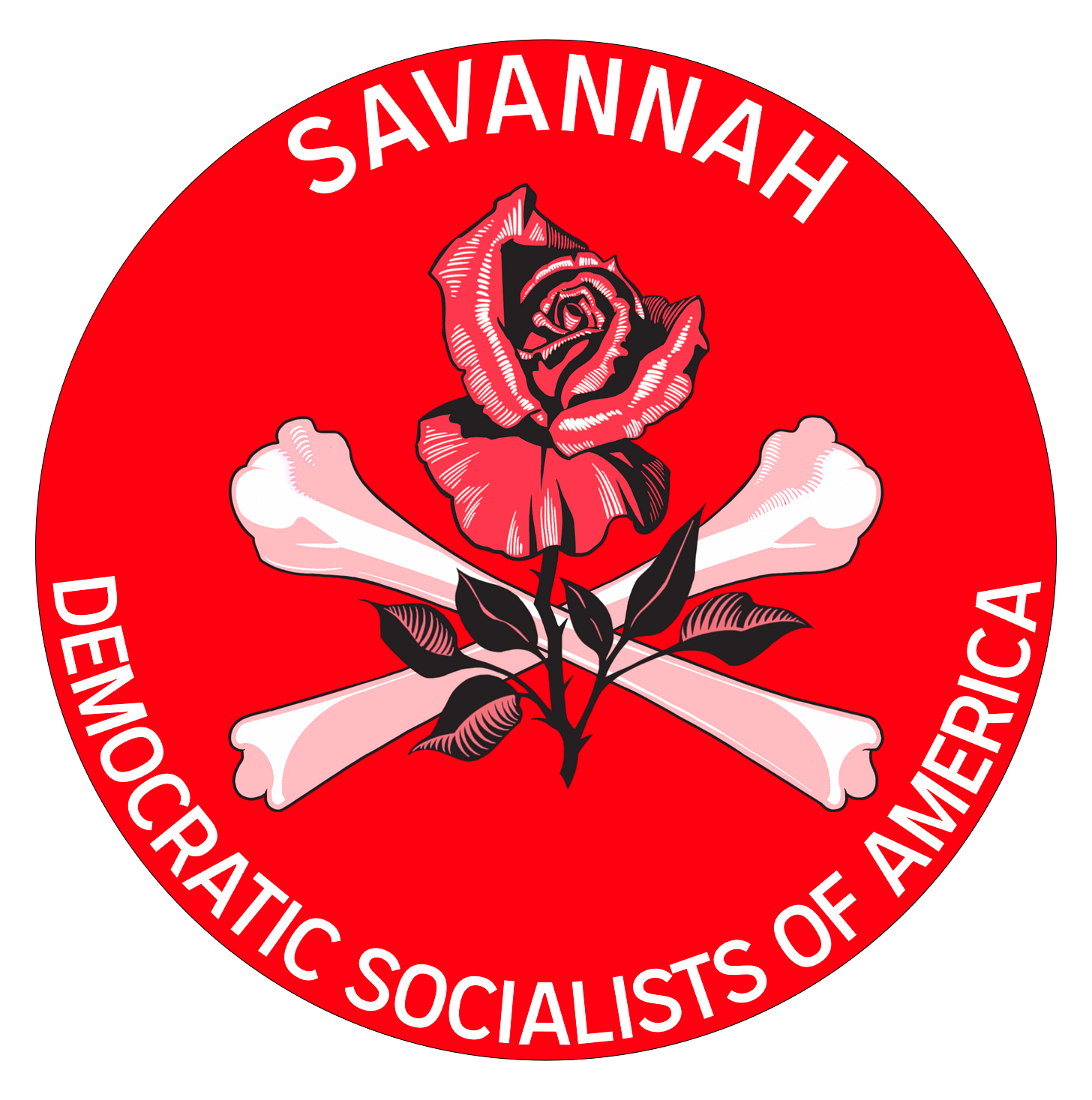 A red circle with a rose and stem in front of two crossbones invoking a pirate motif. In an arch along the top of the circle is "Savannah" and along the bottom of the circle, "Democratic Socialists of America" A red circle with a rose and stem in front of two crossbones invoking a pirate motif. In an arch along the top of the circle is "Savannah" and along the bottom of the circle, "Democratic Socialists of America"