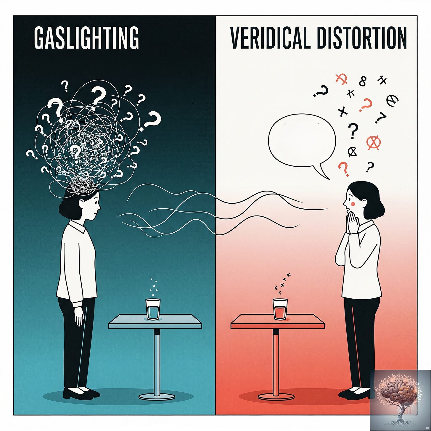 A split-panel image showing the contrast between gaslighting (internal confusion) and veridical distortion (external absurdity).
