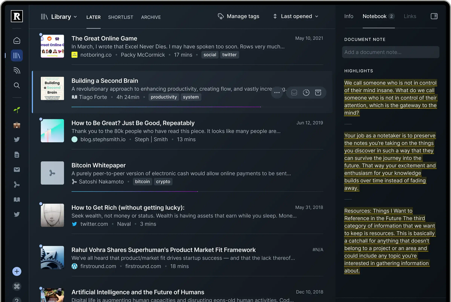Screenshot of Reader app by Readwise