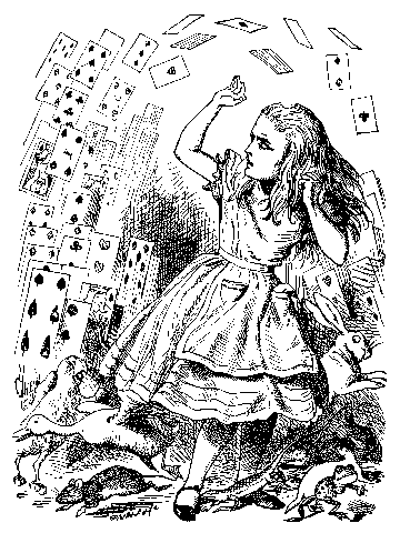 Alice fighting off a pack of cards that is swirling all about her.
