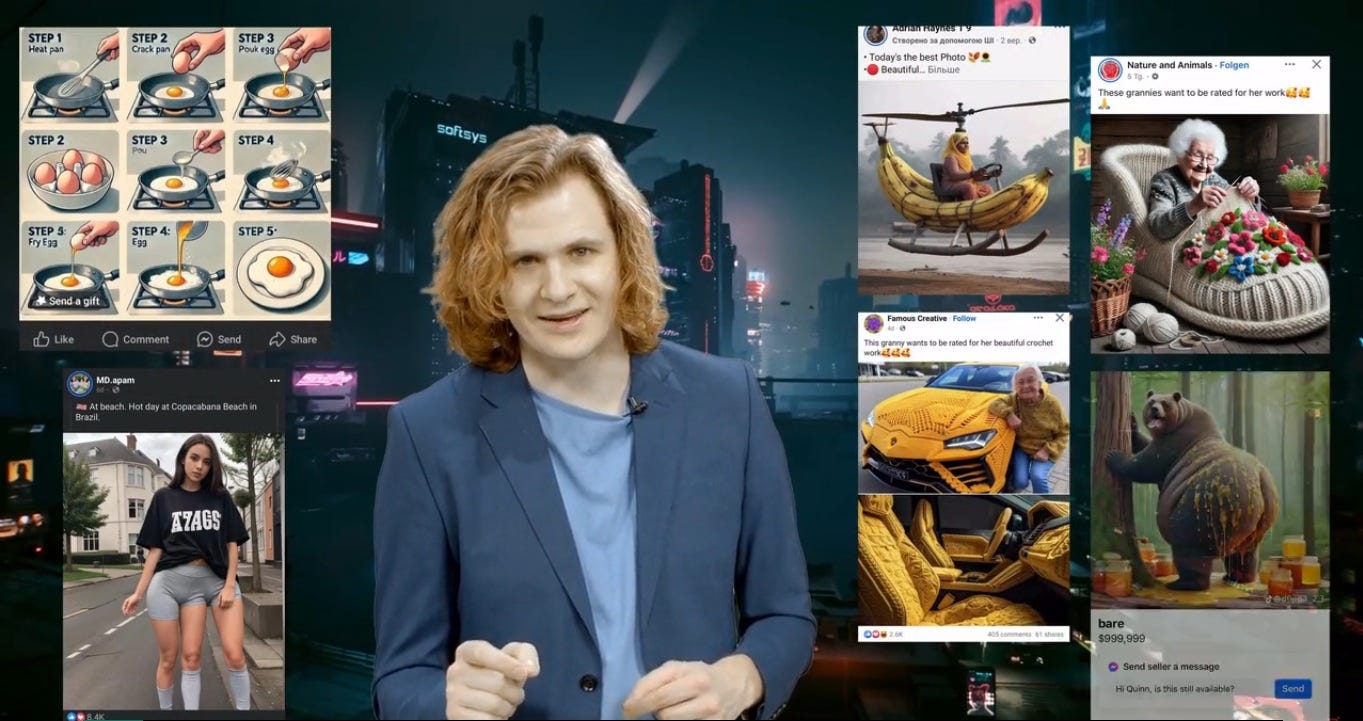 A screengrab from the video on Kickstarter where Haven founder William Lavelle (red medium length-hair in a blue blazer , explains how the video/image social media hybrid app will not utilize AI slop, as shown in the screen captures surrounding him. Behind is a dystopian "Blade Runner"-esque cityscape. A screengrab from the video on Kickstarter where Haven founder William Lavelle (red medium length-hair in a blue blazer , explains how the video/image social media hybrid app will not utilize AI slop, as shown in the screen captures surrounding him. Behind is a dystopian "Blade Runner"-esque cityscape.