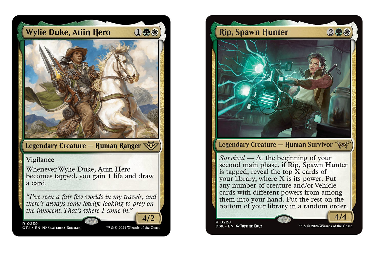 The cards Wylie Duke, Atiin Hero and Rip, Spawn Hunter