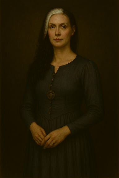 A portrait of Clarion rendered according to her defined feature palette. She stands tall and statuesque, with broad shoulders, pale skin, and an aura of solemn strength. Her black hair falls in long, straight waves, but a striking shock of white cuts through it from temple to crown like a streak of moonlight. Her features are sharp yet compassionate, with steady blue eyes and a calm, resolute expression. She wears a high‑necked charcoal gown with moonstone clasps at the bodice, the fabric flowing with hidden weight from discreet armor beneath. Candlelit shadows frame her, emphasizing her mythic presence and protective grace.
