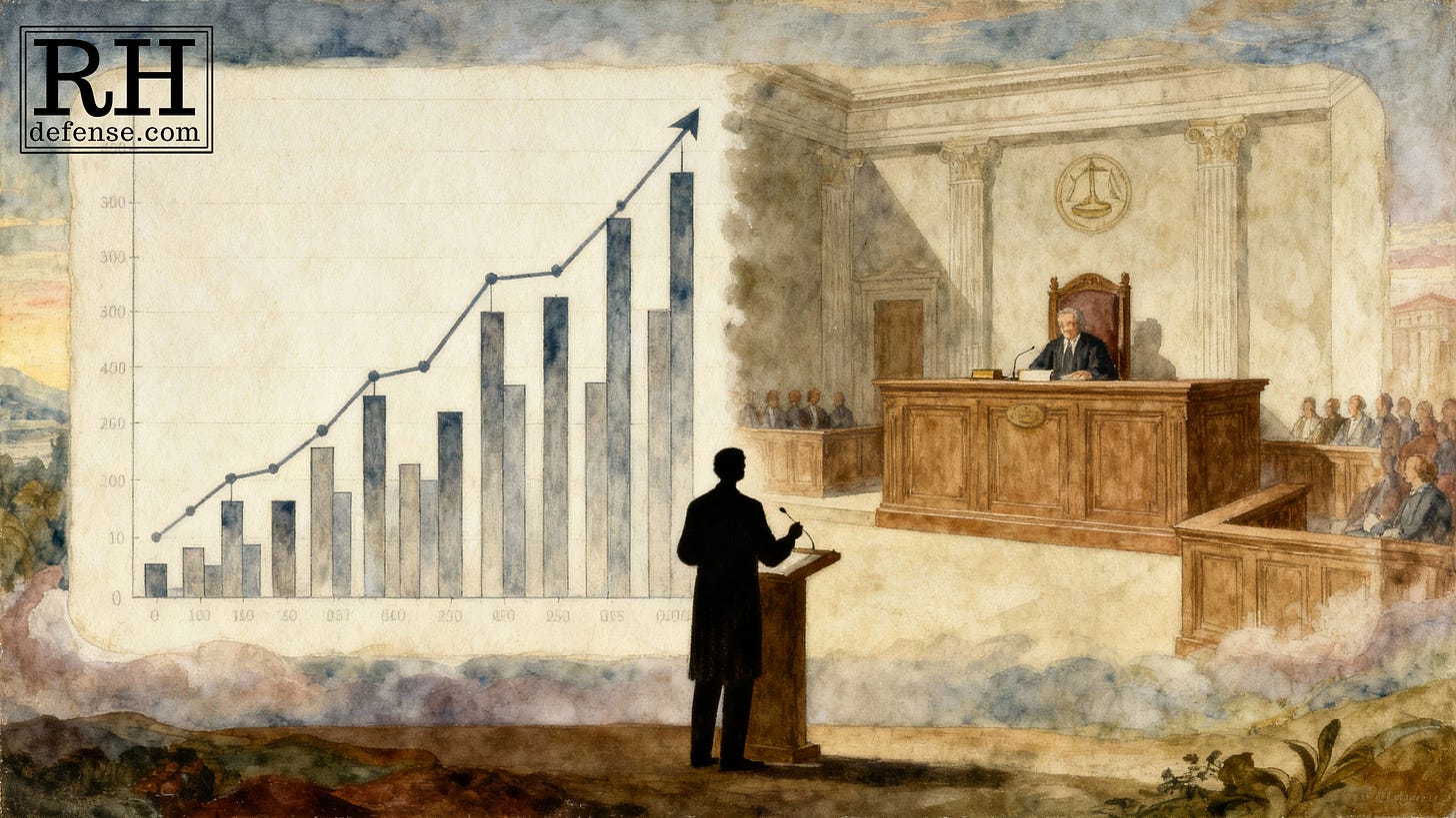 A prosecutor delivering an argument in court, gesturing toward a large rising bar-and-line chart that blends into the courtroom scene, painted in a muted watercolor style.