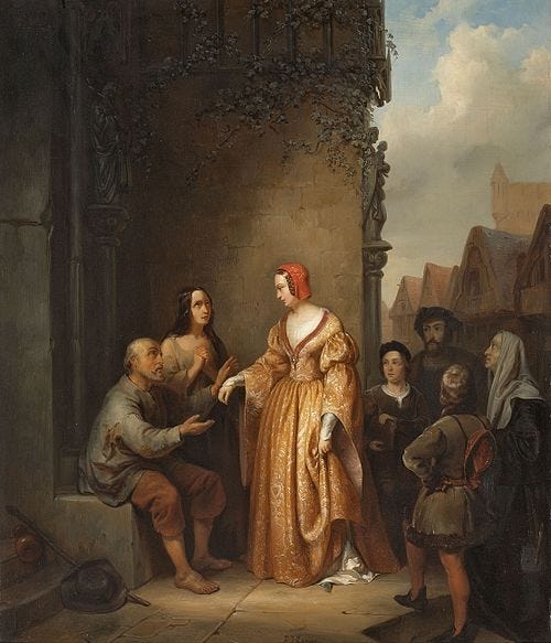Painting of well dressed woman giving alms to beggars Painting of well dressed woman giving alms to beggars