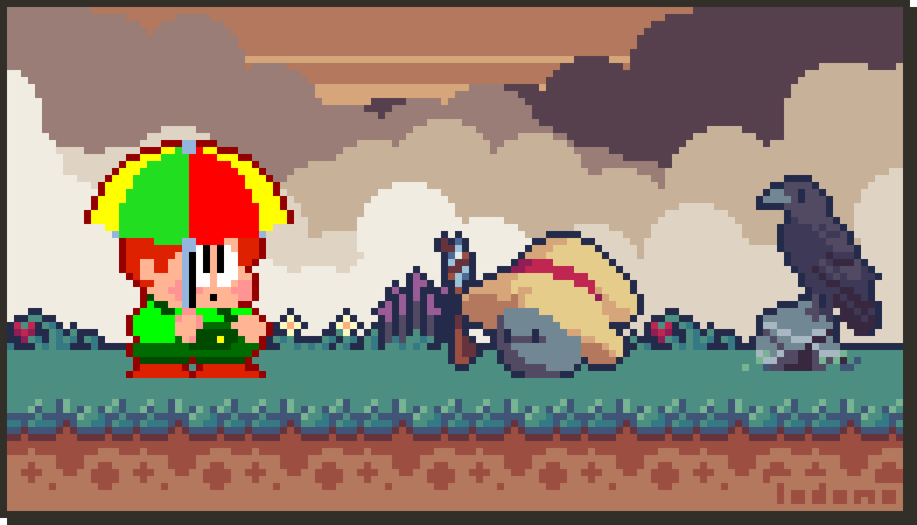 Pixel Art: A boy with a twirling umbrella is standing next to a boulder mage. The background is a dramatic sky, and a raven on a stone.