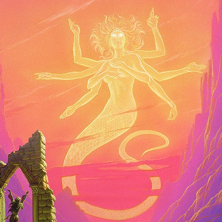 LEFT: Figure detail from ANACKIRE featuring a sorceress in a long dress standing among ruins . Viewed from behind, she’s framed by a pointed archway as she throws her arms up in a V.  RIGHT: Creature detail from ANACKIRE featuring the eight-armed golden, glowing goddess with a snake tail floating in brilliant yellow-orange sky.