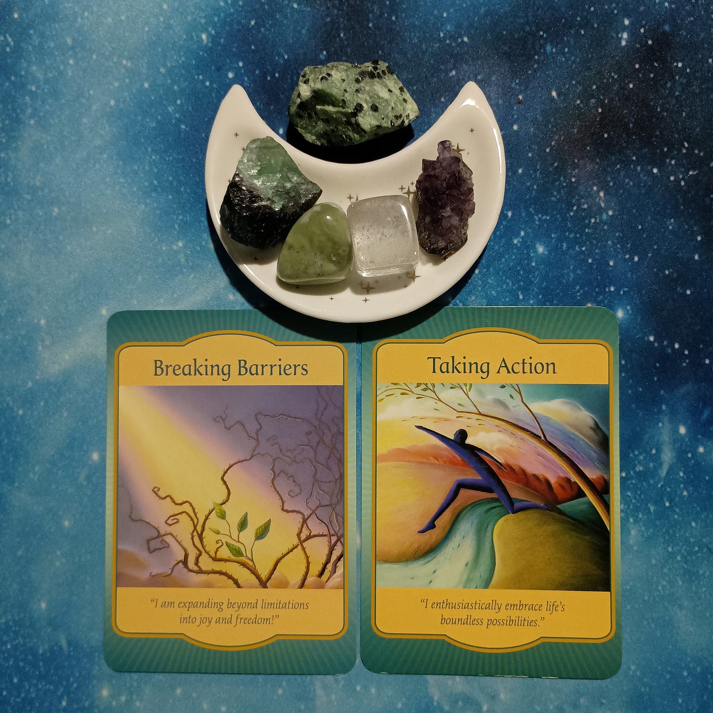 Overcoming Your Limitations ~ A Message From the Universe, 2 Gateway Oracle cards and crystals on a starry blue background