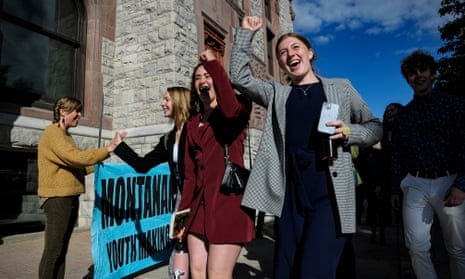 Youth plaintiffs in the climate change lawsuit at the Lewis and Clark county courthouse in Helena, Montana, in June. 