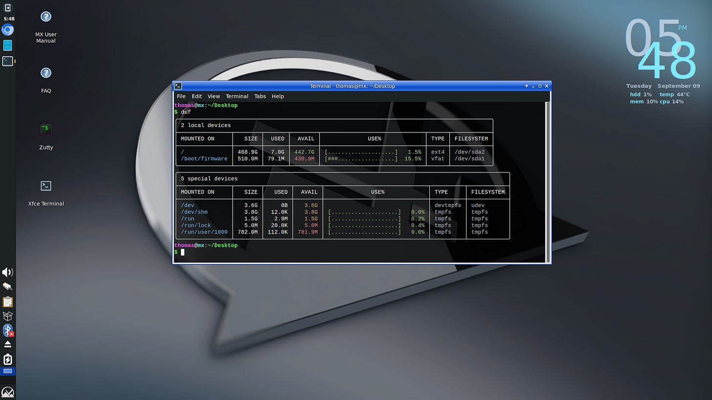 duf output in a terminal window on the MX Linux desktop duf output in a terminal window on the MX Linux desktop