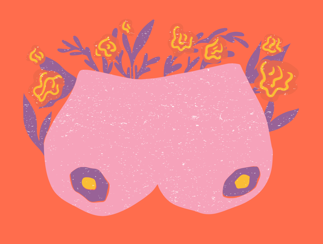 Colourful artistic image of female breasts with flowers coming out of them
