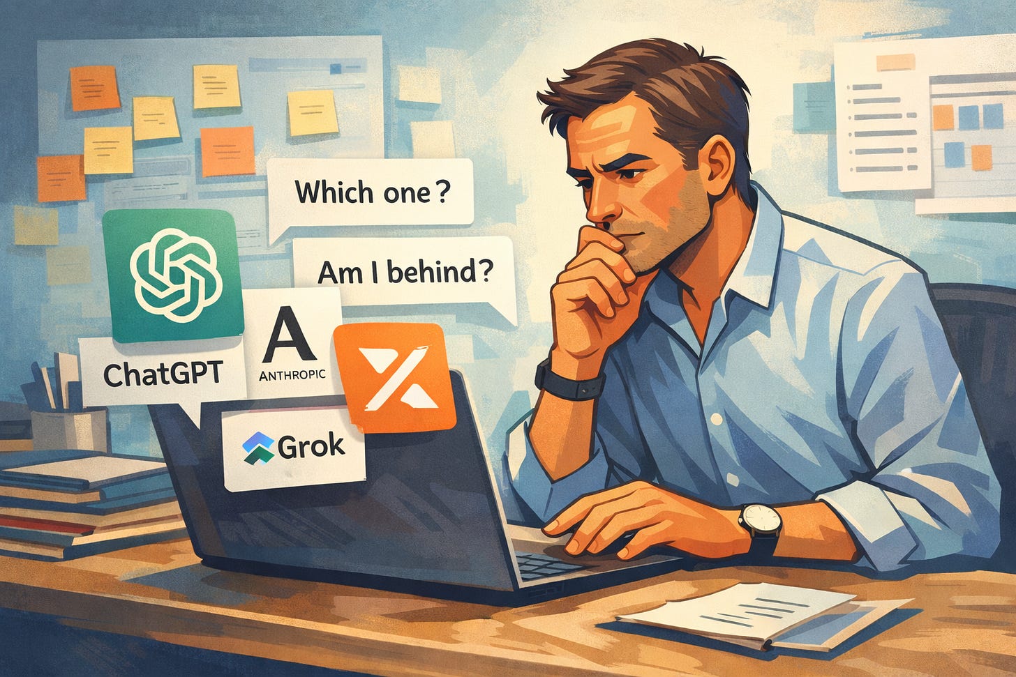 Overwhelmed business professional at a desk choosing between AI tools like ChatGPT, Anthropic Claude, Grok, and Microsoft Copilot, highlighting decision fatigue and fear of picking the wrong AI model for business operations.