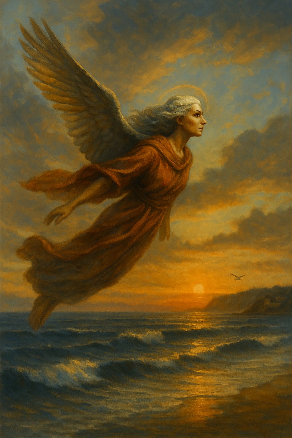 A radiant winged figure glides low and parallel across shimmering ocean waves, trailing light as she disappears into the horizon. Her presence evokes divine mystery and guardianship. A radiant winged figure glides low and parallel across shimmering ocean waves, trailing light as she disappears into the horizon. Her presence evokes divine mystery and guardianship.