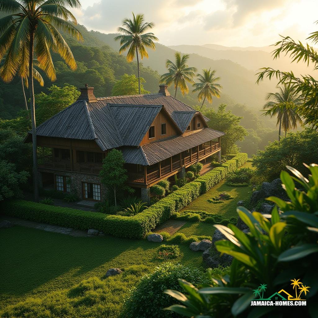 A majestic traditional Jamaican farmhouse, surrounded by lush greenery, situated on 2 acres of rolling hills and tropical landscape, bathed in warm, golden cinematic lighting, with a sense of depth and atmosphere. 