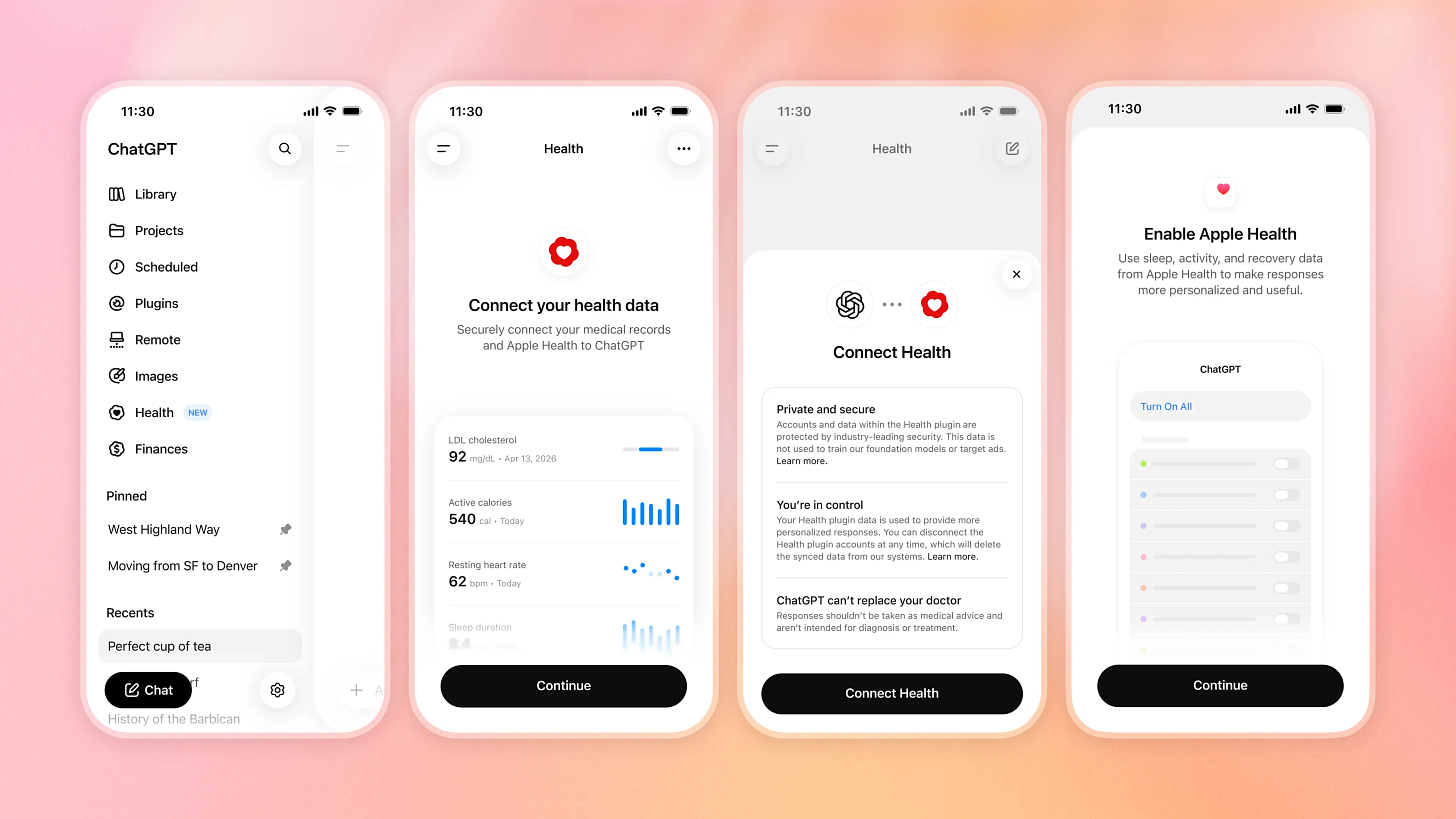 Four mobile phone mockups showing the ChatGPT Health setup flow: selecting Health from the sidebar, connecting health data, reviewing privacy information, and enabling Apple Health.