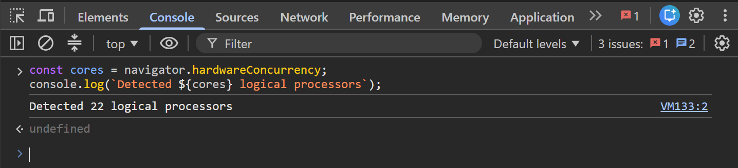 navigator.hardwareConcurrency detected 22 logical processors