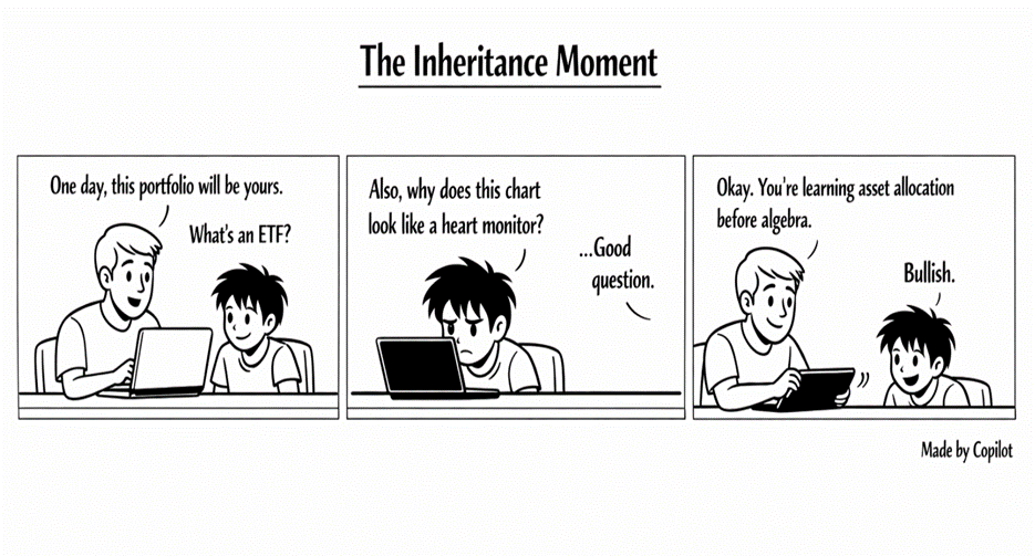 A three-panel comic titled “The Inheritance Moment” showing a parent teaching a child about investing and asset allocation. The child asks simple but curious questions about ETFs and market charts, while the parent explains financial concepts in a relaxed and humorous way. A three-panel comic titled “The Inheritance Moment” showing a parent teaching a child about investing and asset allocation. The child asks simple but curious questions about ETFs and market charts, while the parent explains financial concepts in a relaxed and humorous way.