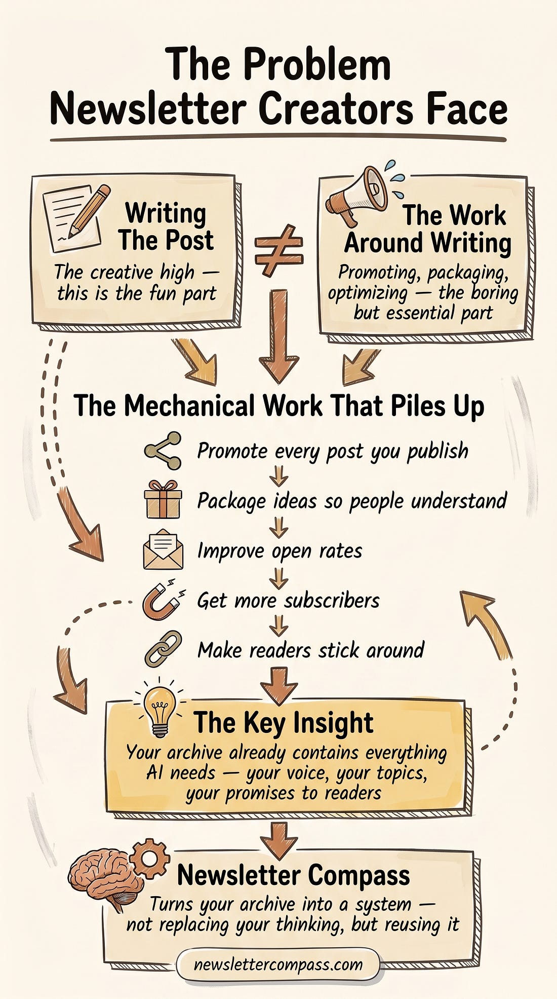 Newsletter growth workflow diagram showing writing, promotion, open rates, subscribers, and reader retention