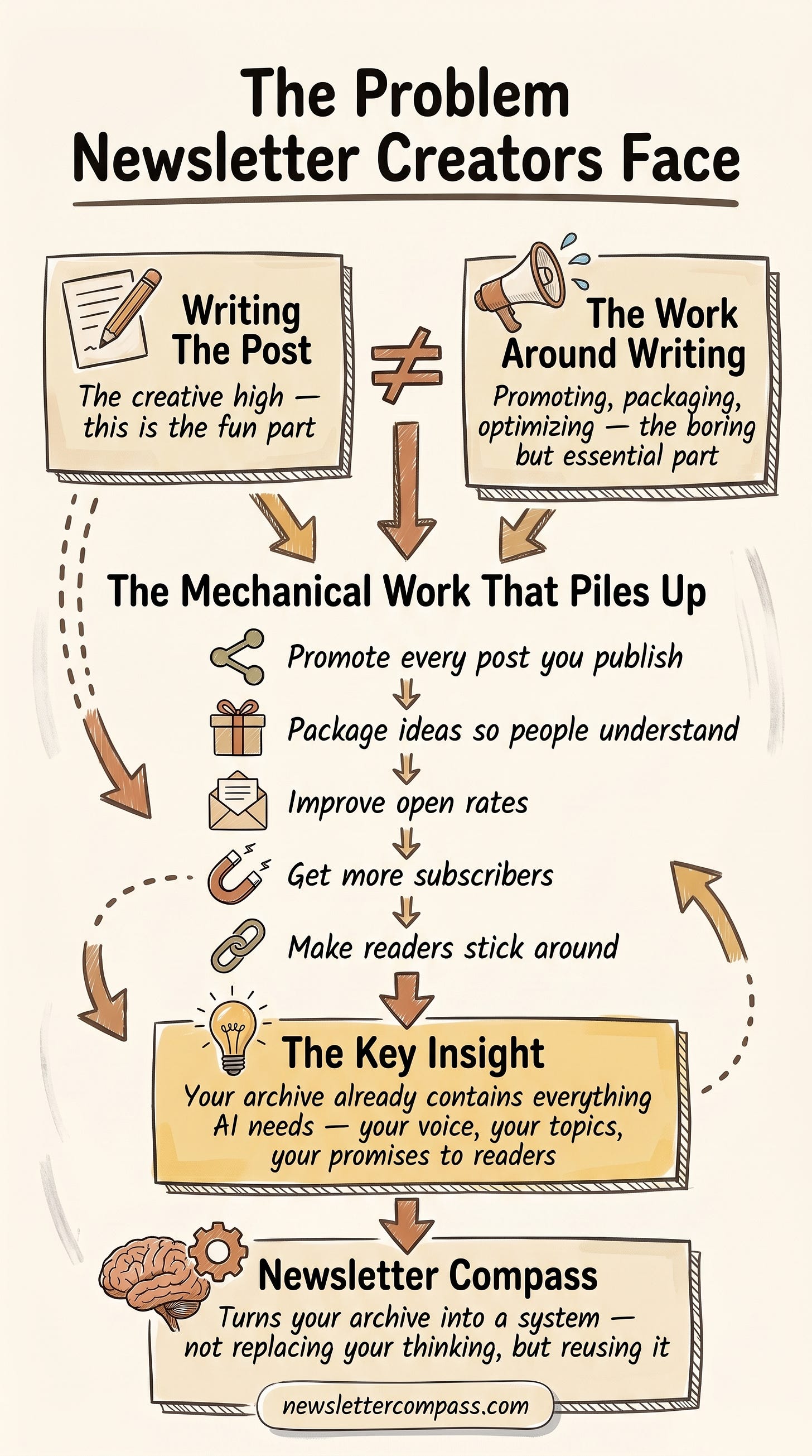 Newsletter growth workflow diagram showing writing, promotion, open rates, subscribers, and reader retention