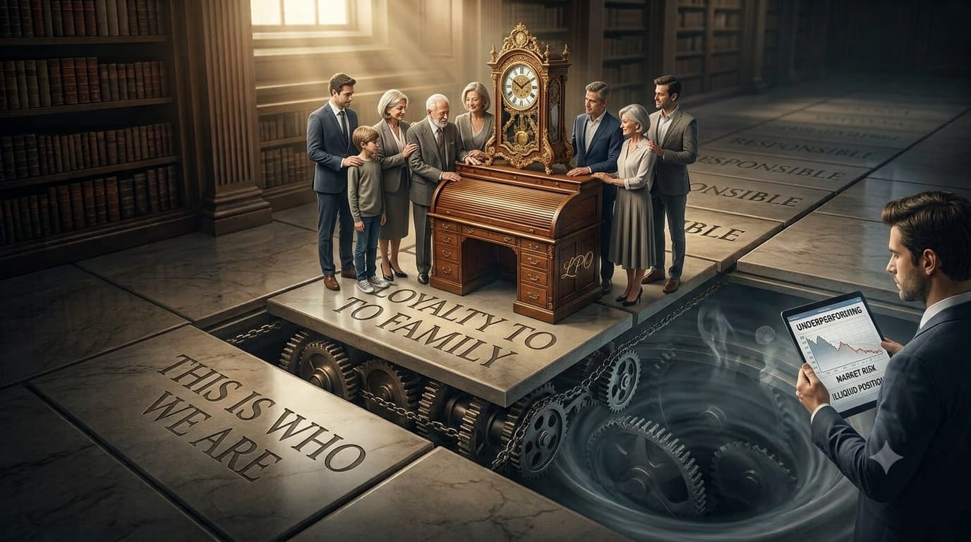 Cinematic editorial photograph of a multi-generational family gathered around an antique wooden desk and ornate clock resting on a stone platform inscribed with "LOYALTY TO FAMILY" and "THIS IS WHO WE ARE." A man stands nearby looking at a tablet showing an underperforming market chart, while gears and a dark abyss are revealed underneath the shifting floor slabs.