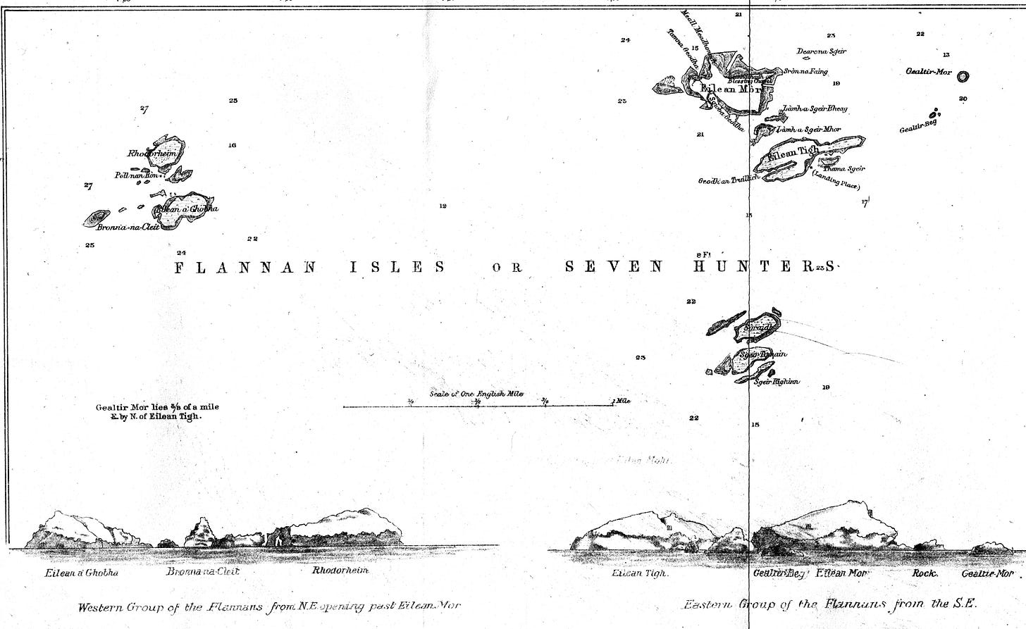 Historic map of the Flannan Isles, with coastal profiles beneath the islands. Historic map of the Flannan Isles, with coastal profiles beneath the islands.