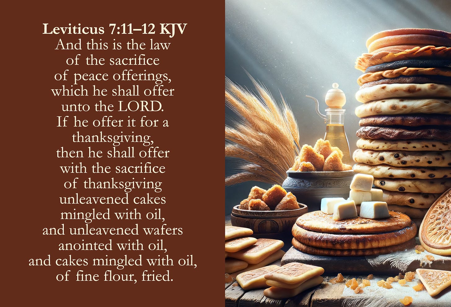 The image is divided into two sections. The left side displays a Bible verse from Leviticus 7:11-12 (KJV) about the law of peace offerings, including thanksgiving sacrifices such as unleavened cakes and wafers prepared with oil. The right side features a visually rich arrangement of bread, unleavened cakes, oil, and other sacrificial elements described in the verse, with wheat stalks and a soft light shining over the display.