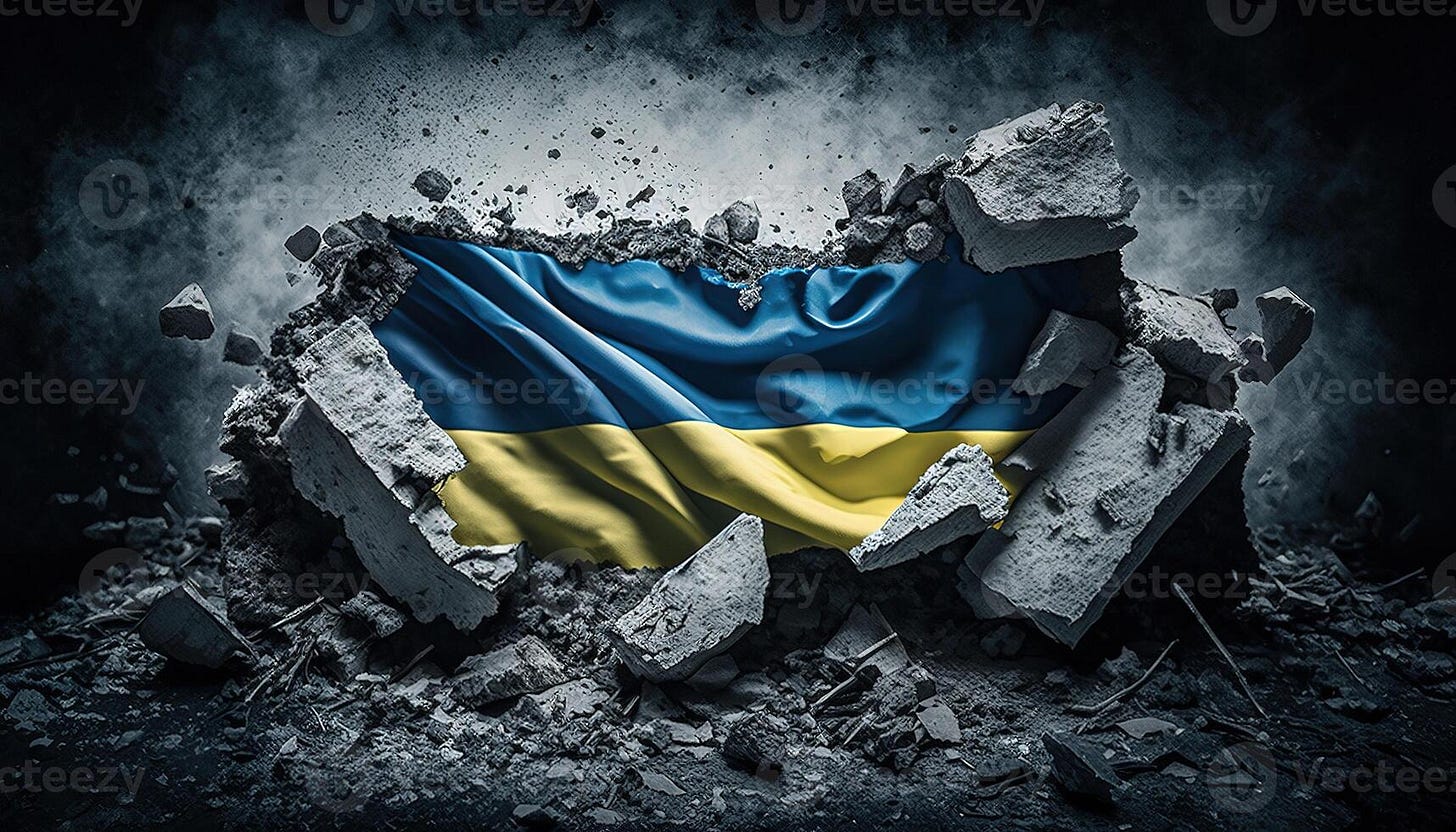 Ruined Ukraine banner, Ukrainian flag on broken concrete, cracked,  shattered, rubble ground. No war concept 21797709 Stock Photo at Vecteezy